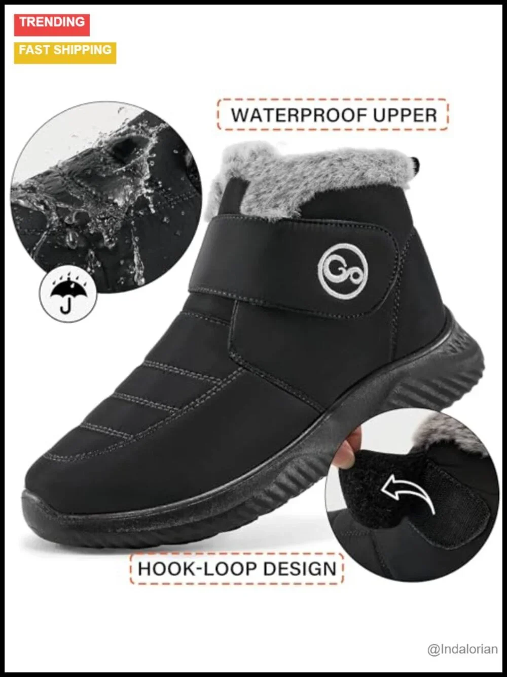 Waterproof Fur Lined Winter Snow Boots Hook & Loop Closure Non Slip